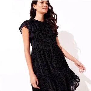 Loft Black Burnout Velvet Leopard Tiered Ruffle Swing Dress Med Whimsygoth
